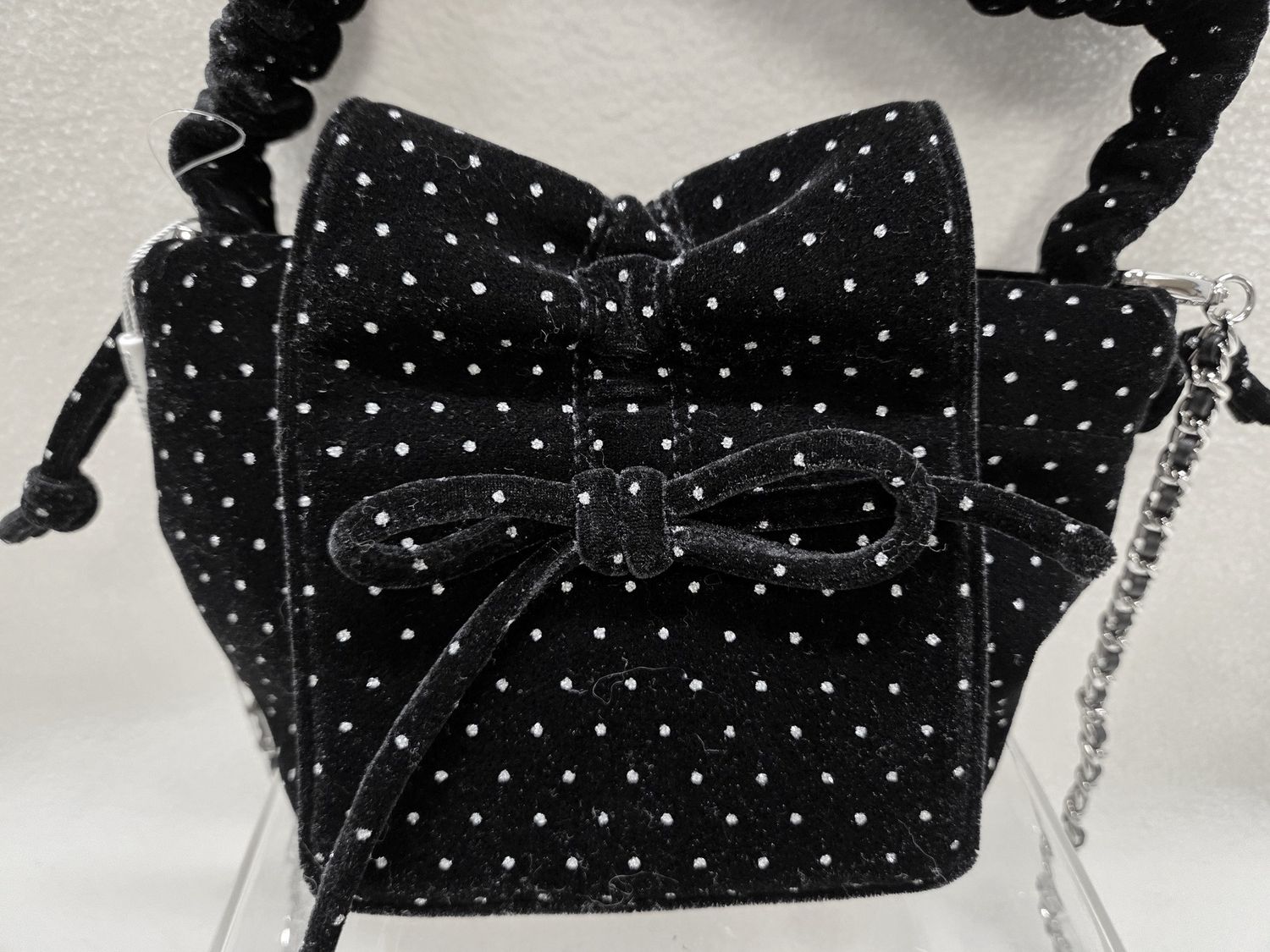 Charles &amp; Keith Velvet Dotted Bow Rouched Top Handle Bag, Black - RS5599