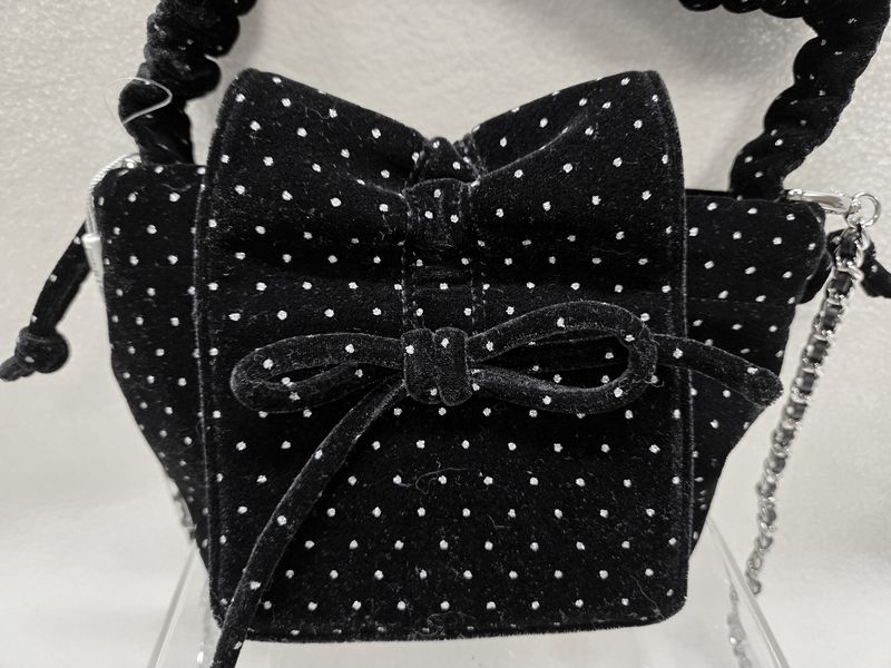 Charles &amp; Keith Velvet Dotted Bow Rouched Top Handle Bag, Black - RS5599
