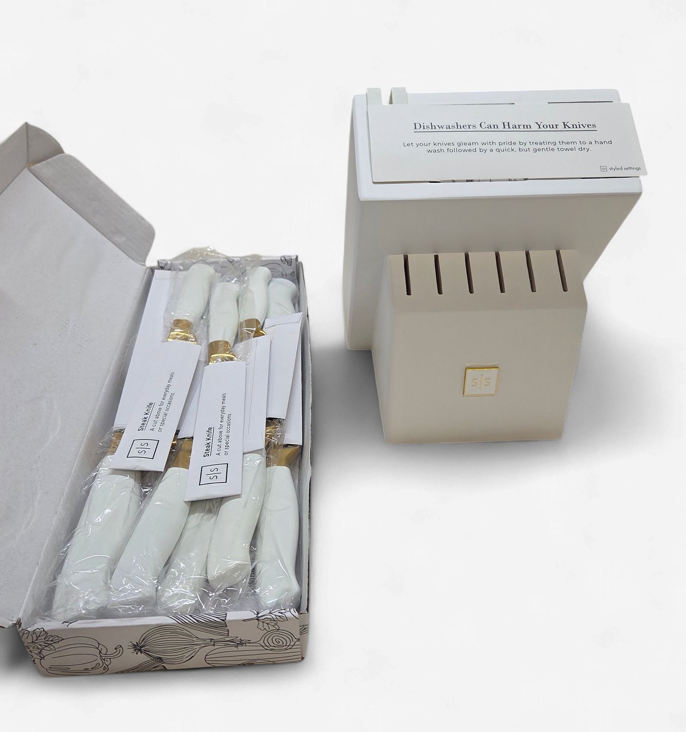 Styled Settings Knife Set &amp; Block, White &amp; Gold - RS5623