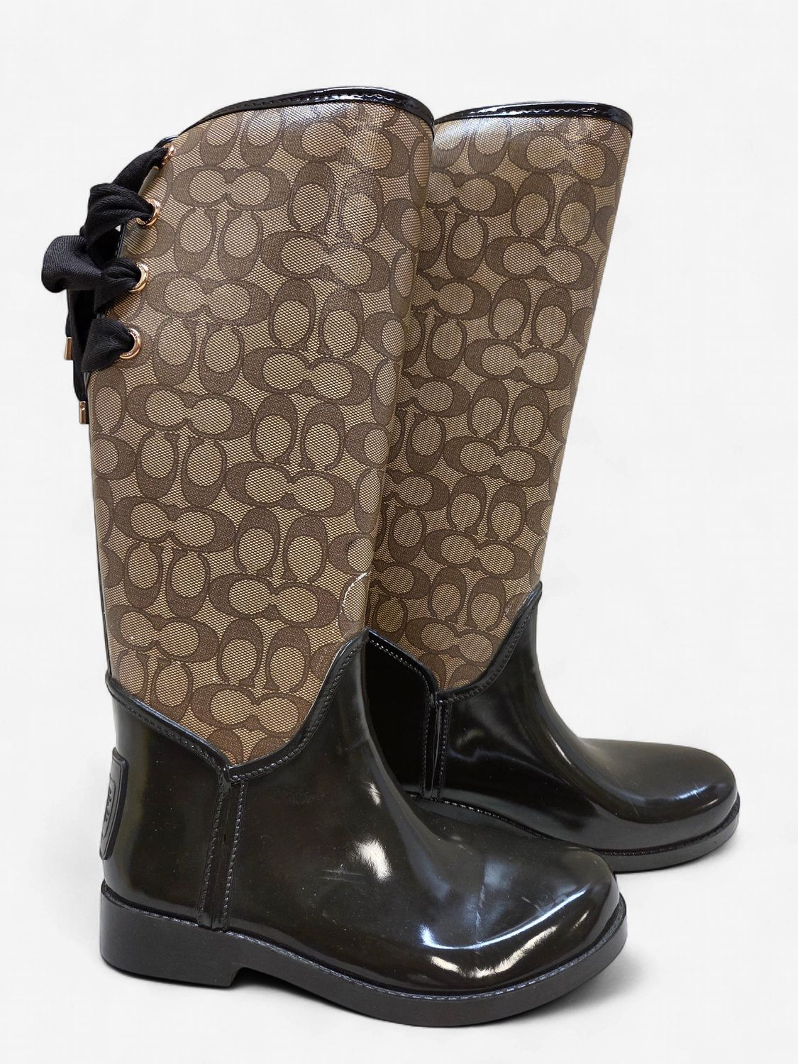 Coach Tristee Tall Rain Boots, Brown/Tan (Women's Size US 7/EUR 37) - CL2091