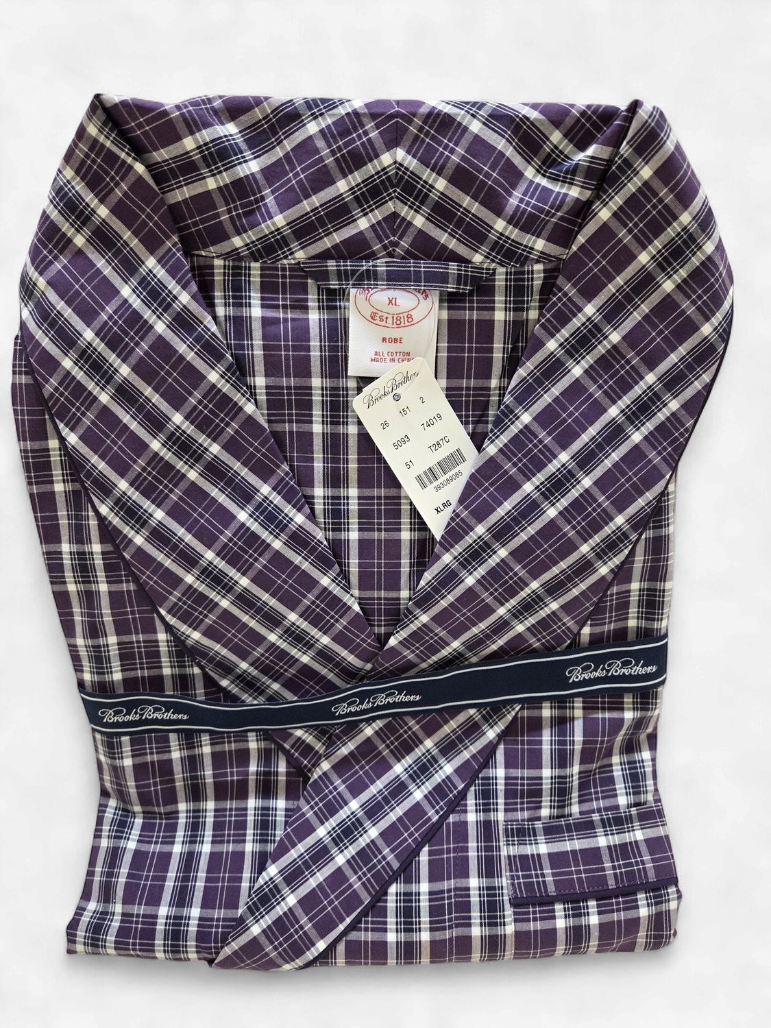Brooks Brothers Lightweight Cotton Robe, Purple Plaid (Men's Size XL) - CL2094