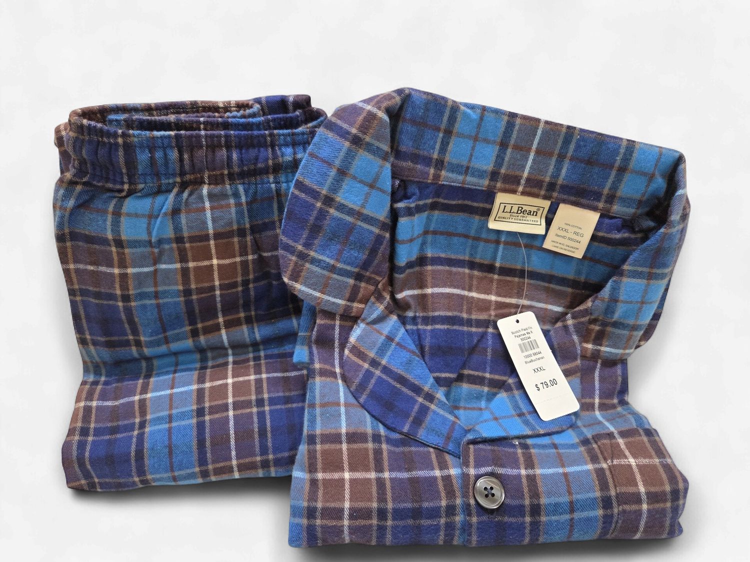 L.L. Bean Scotch Plaid Flannel Pajamas, Blue multi (Men's Size XXXL) - CL2096