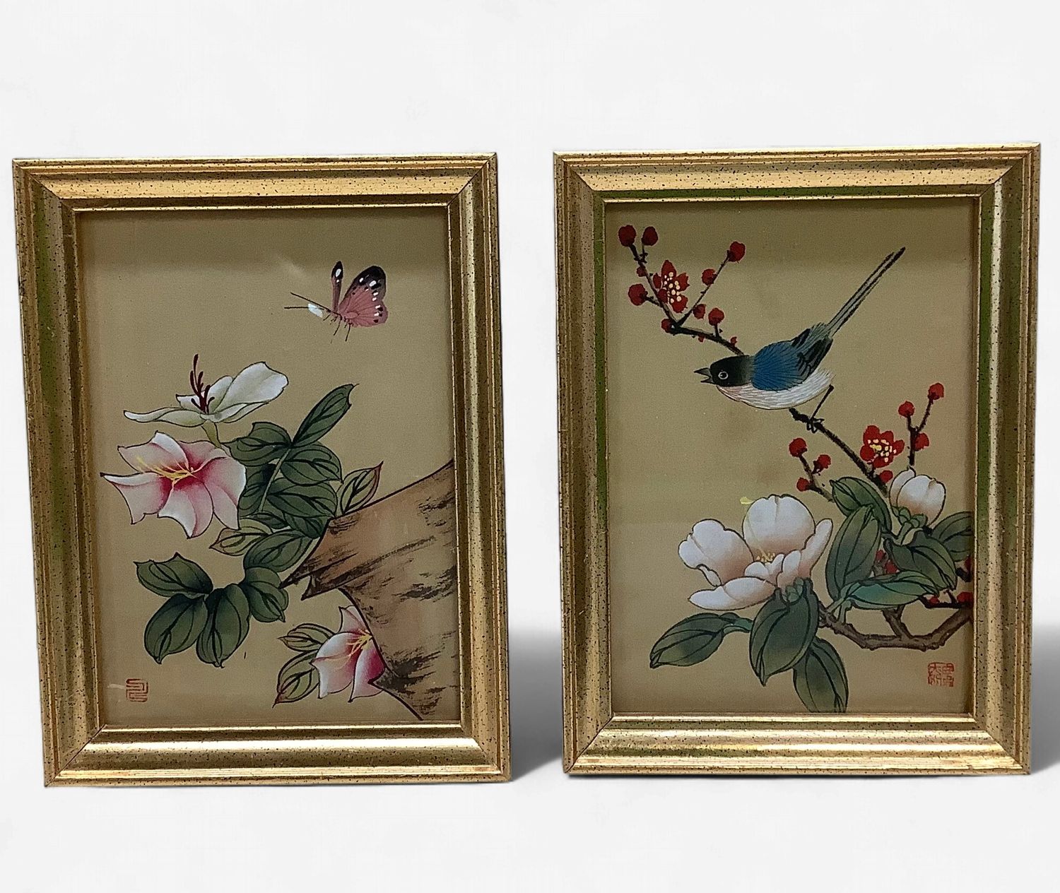 Vintage Chinese Watercolor Paintings on Silk (Set of 2) - RS5669