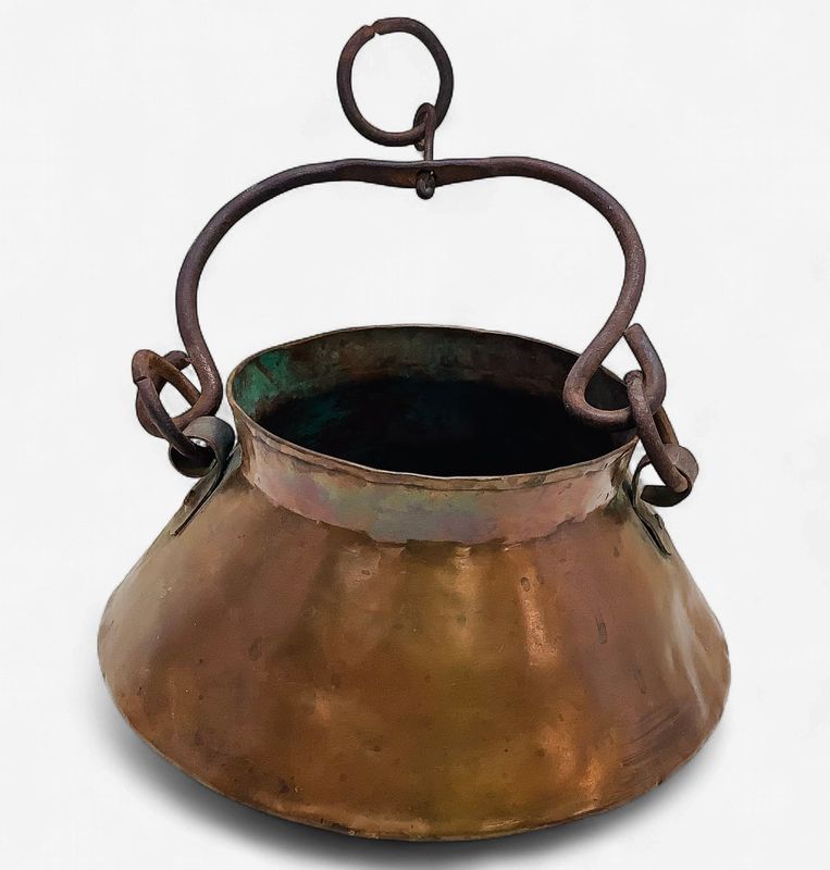 Vintage Copper Hammered Hanging Cauldron with Iron Handles - RS5684