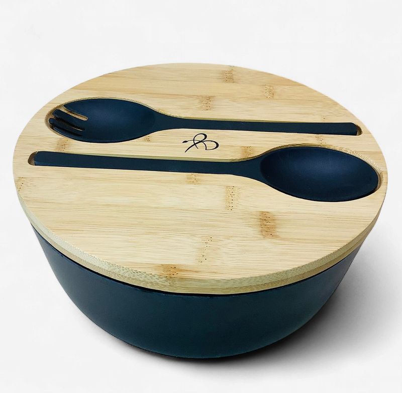 Bright Line Eating Black Eco-Friendly Salad Bowl w/Dual Pupose Bamboo Lid, Tongs Included - RS5750