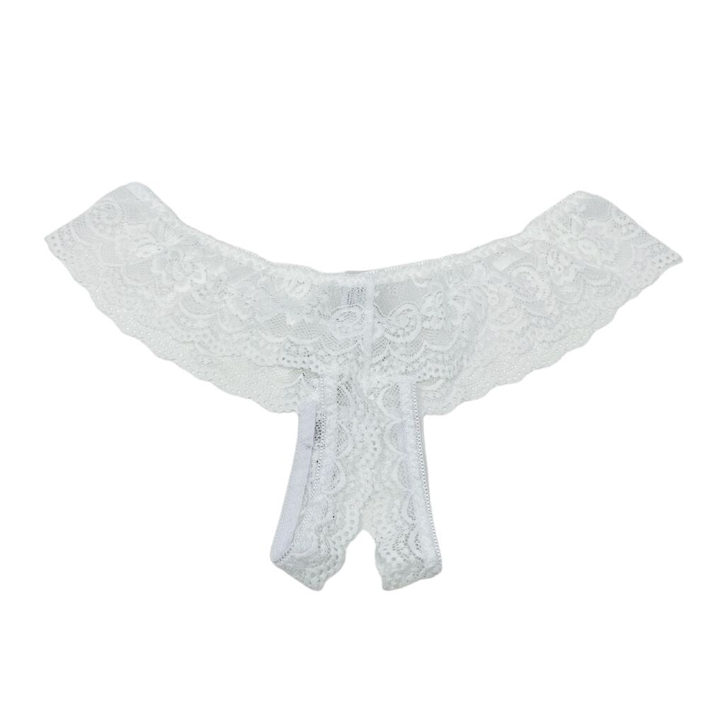 Crotchless Panty With Stretchy Lace Band - White