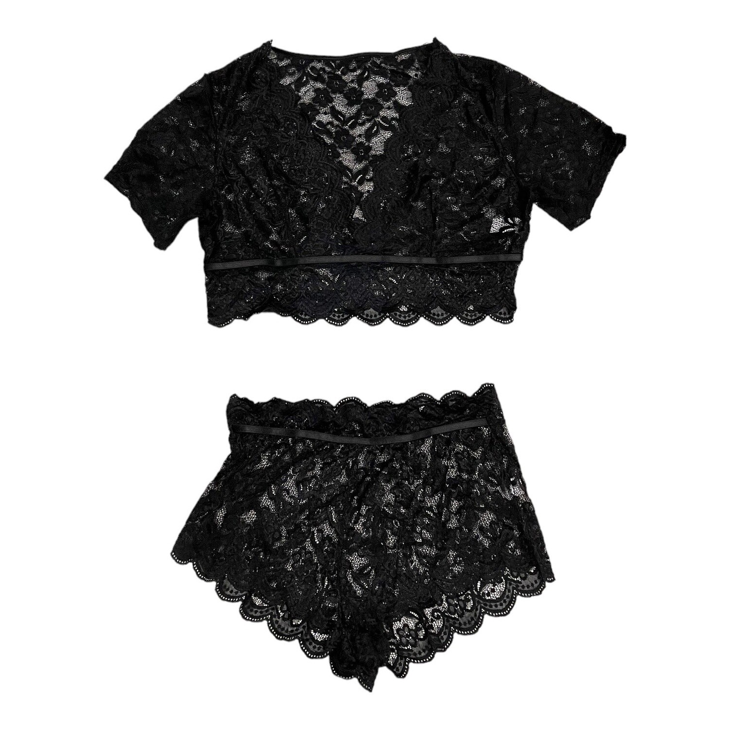 Plus Size Lace Bralette and Shorts Set - Black, Size: 1X