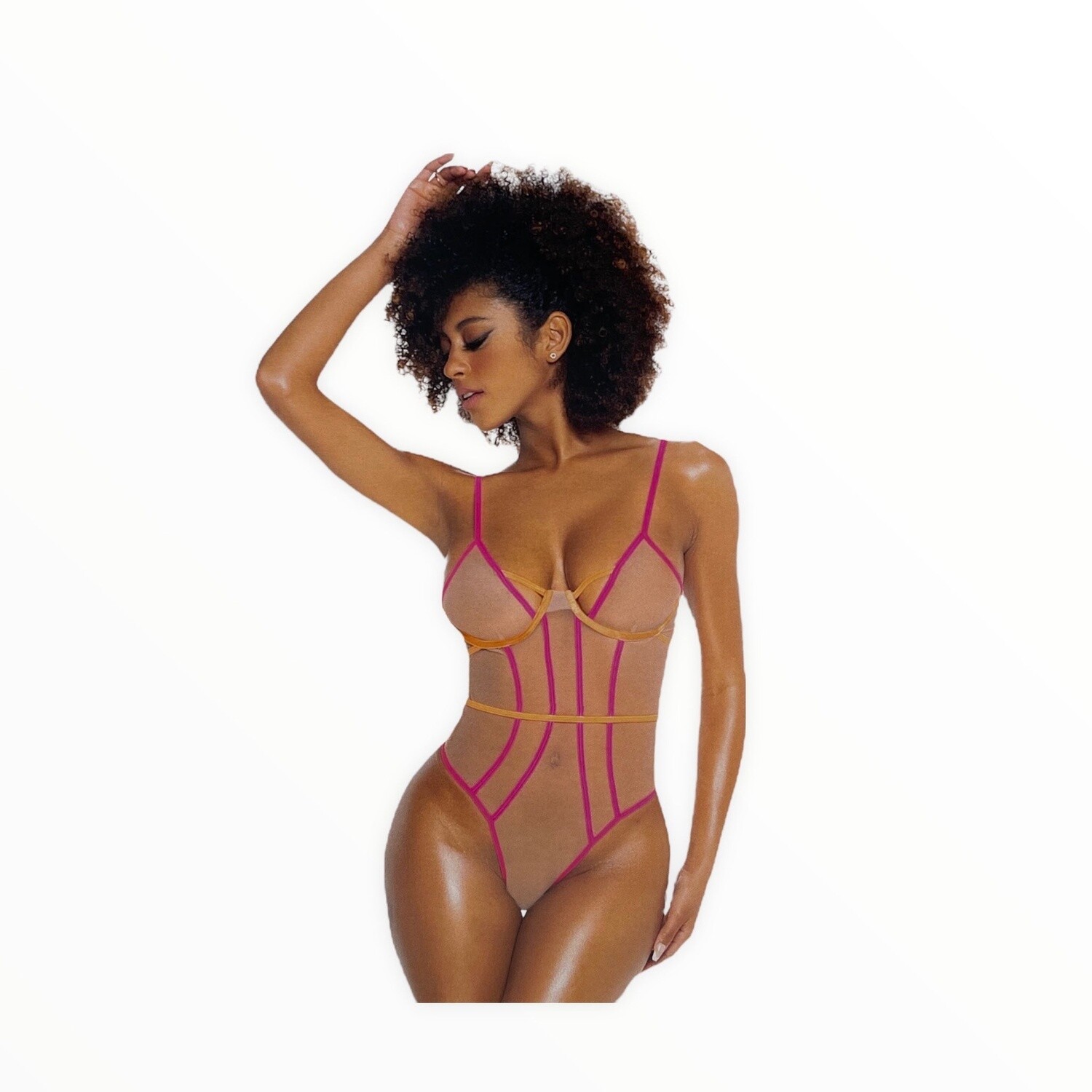 Neon &amp; Nude Mesh Bodysuit, Size: S/M