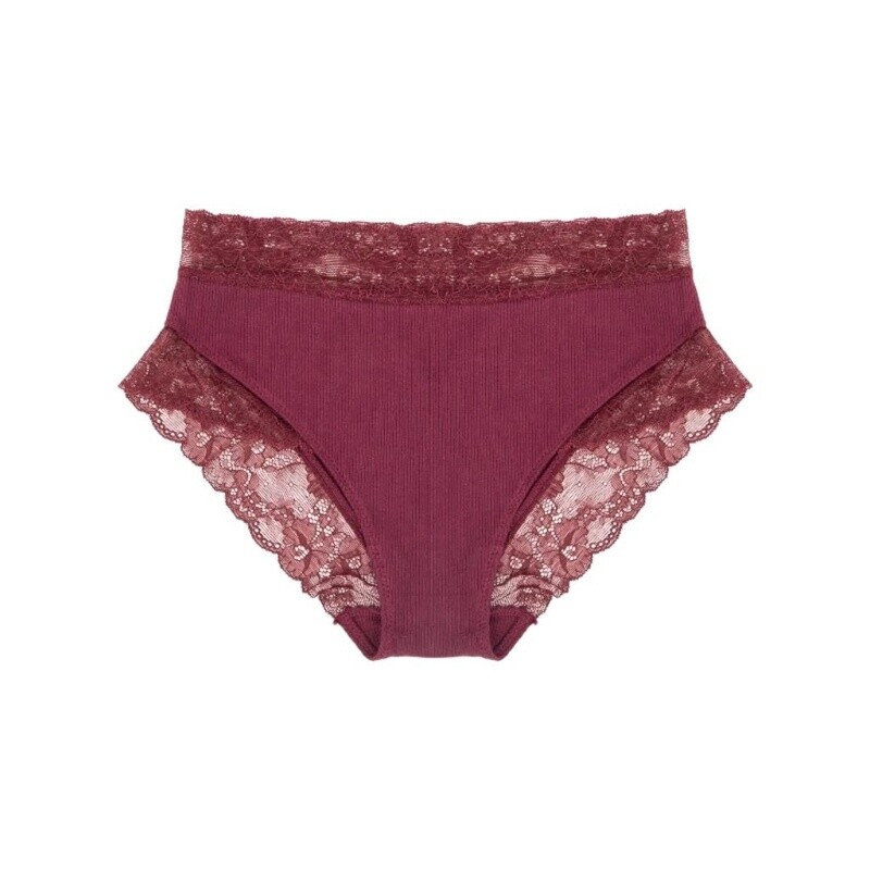 Ribbed Cotton Burgundy Bikini With Lace