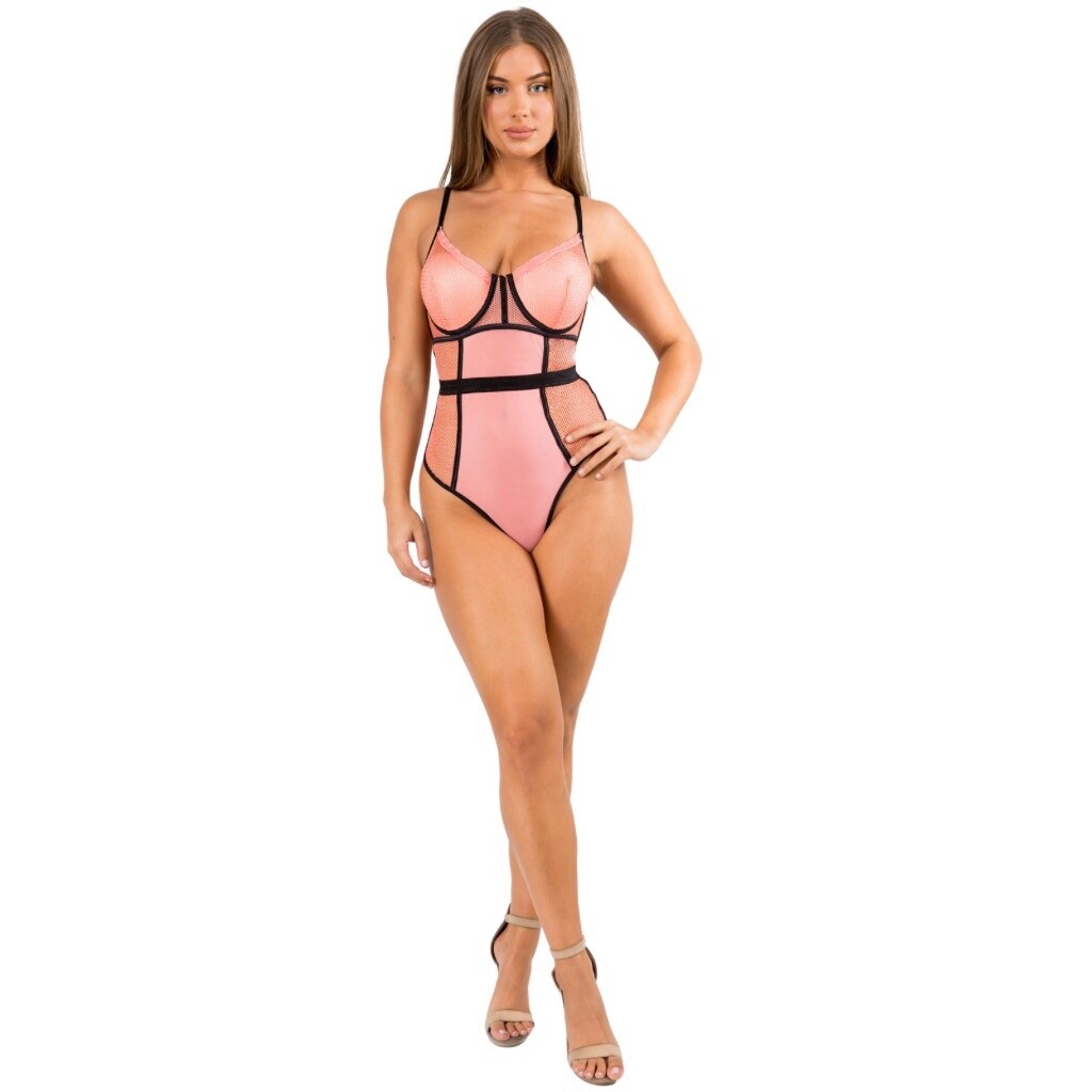 Pink Satin &amp; Mesh Bodysuit, Size: S