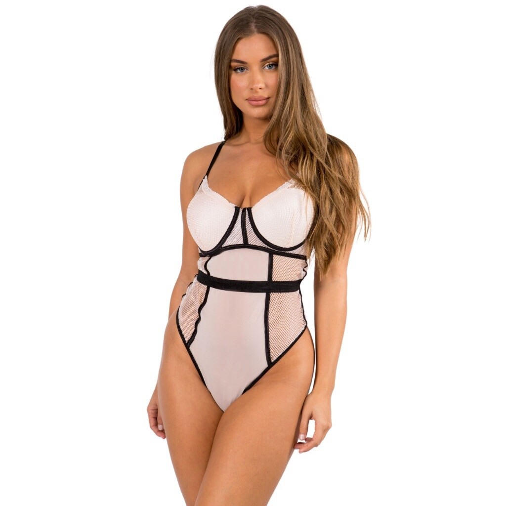 White Satin &amp; Mesh Bodysuit, Size: S