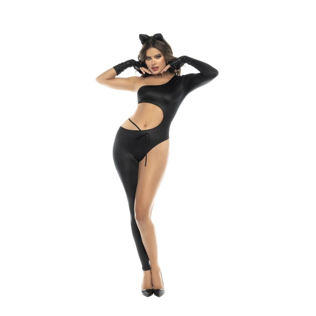 Sultry Panther Asymmetrical Cat Suit, Size: L/XL