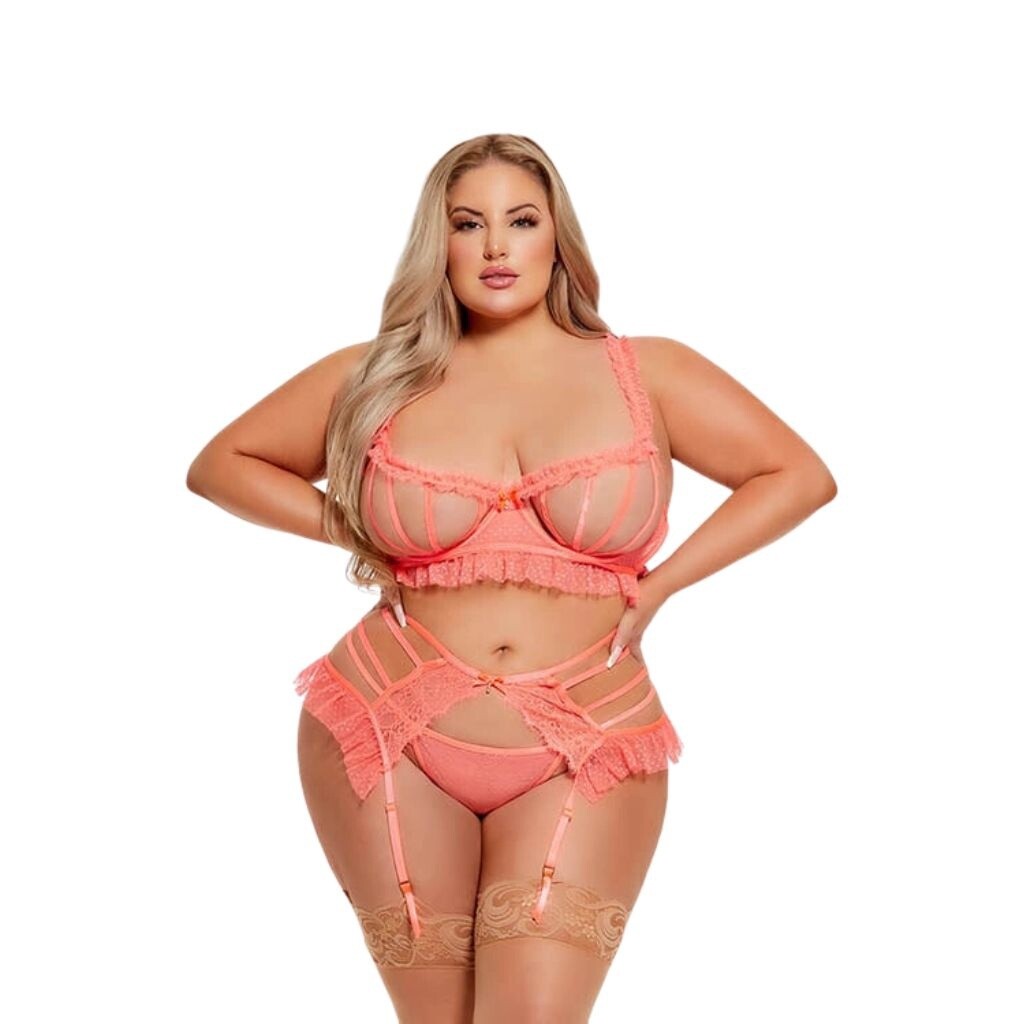 Portia Bra, Garter, &amp; Thong Set - Coral, Size: Small
