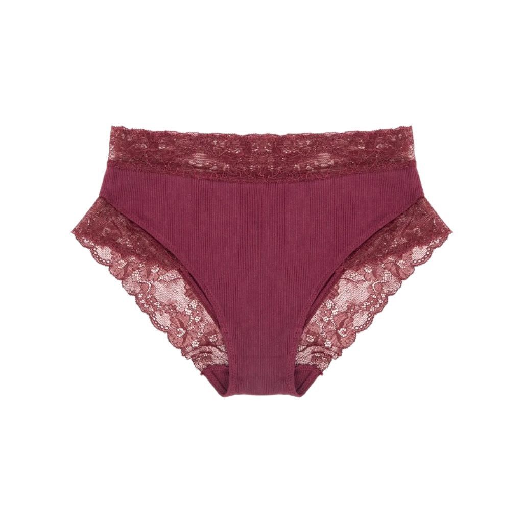 Ribbed Cotton Burgundy Bikini With Lace, Size: Small