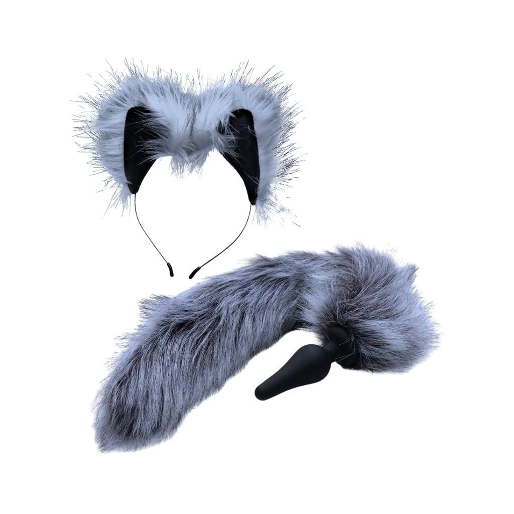 Grey Wolf Tail Silicone Anal Plug And Ears Set
