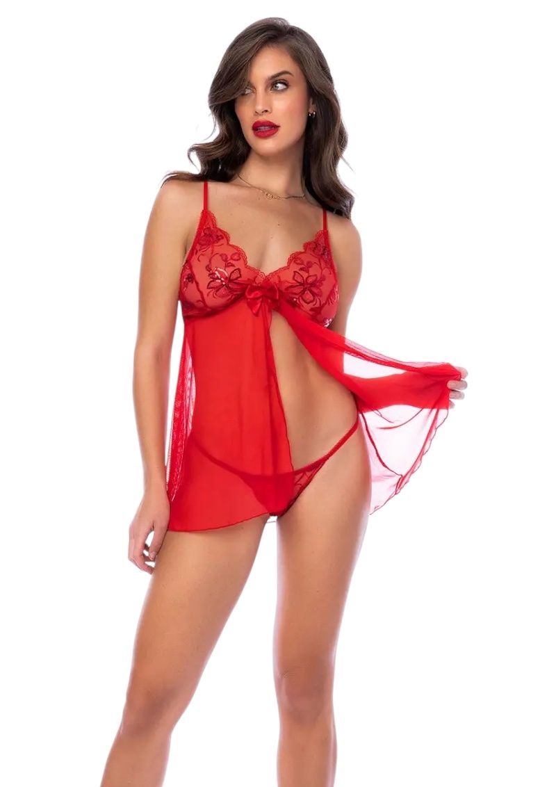 Ruby Sequin Floral Open-Front Babydoll