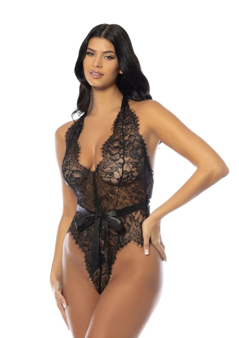 Eyelash Lace Halter Teddy With Ties