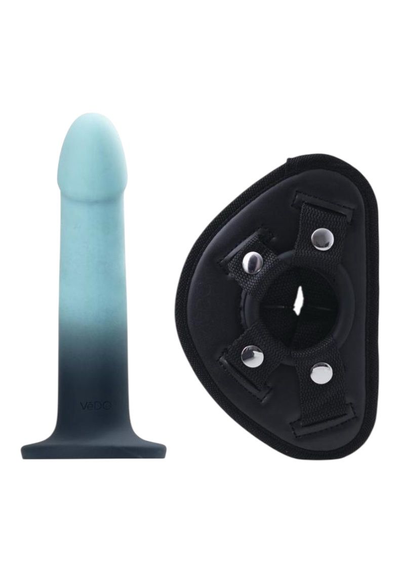 Vedo Duo Silicone Dildo With Harness, Color: Blue
