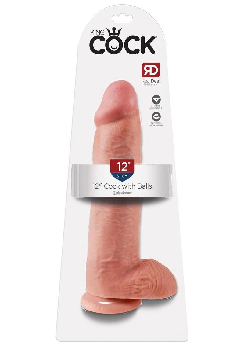 King Cock 12&quot; Dildo With Balls, Color: White