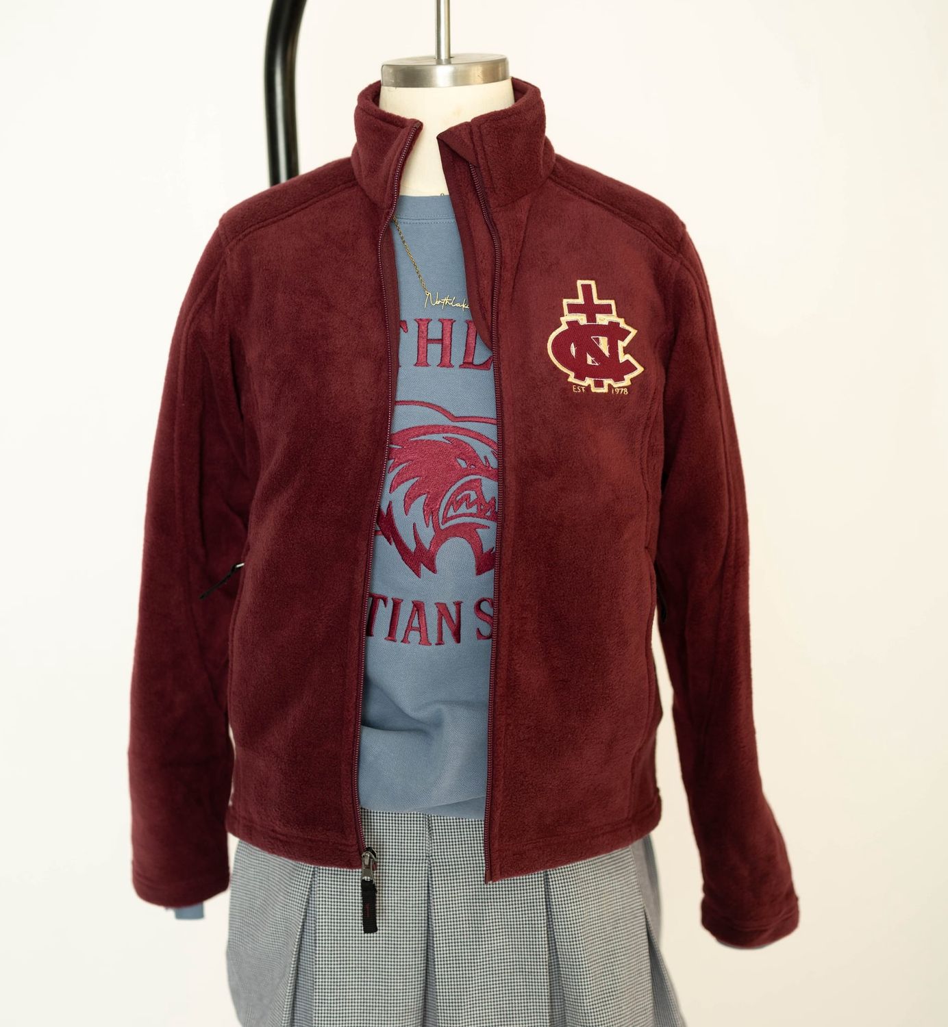 Ladies Burgundy Fleece Zip Embroidered Jacket