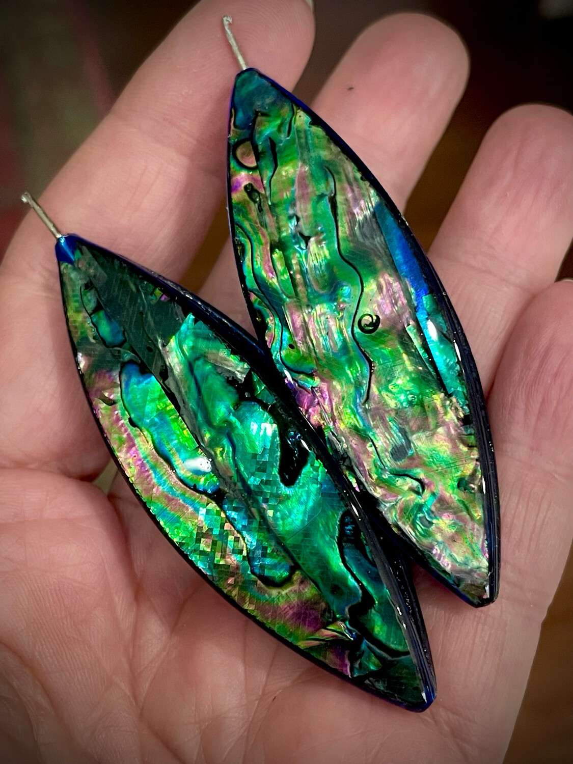 Moonlit Shuttle decorated on both sides, Abalone Green,  natural shell veneer