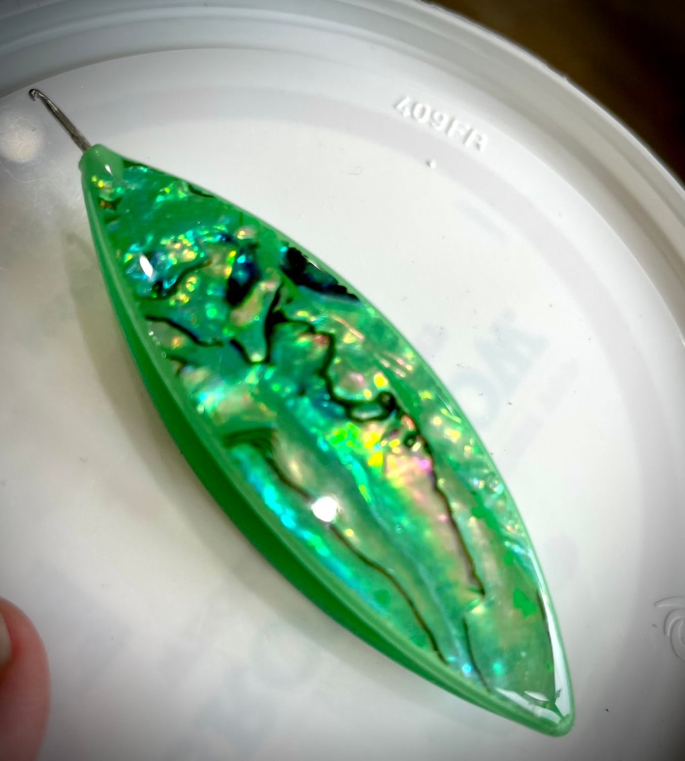 Moonlit Shuttle decorated on both sides, Natural shell veneer, Spring Green