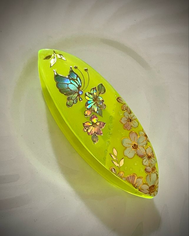 Handmade acrylic shuttle decorated on one side, Zesty Bright 2