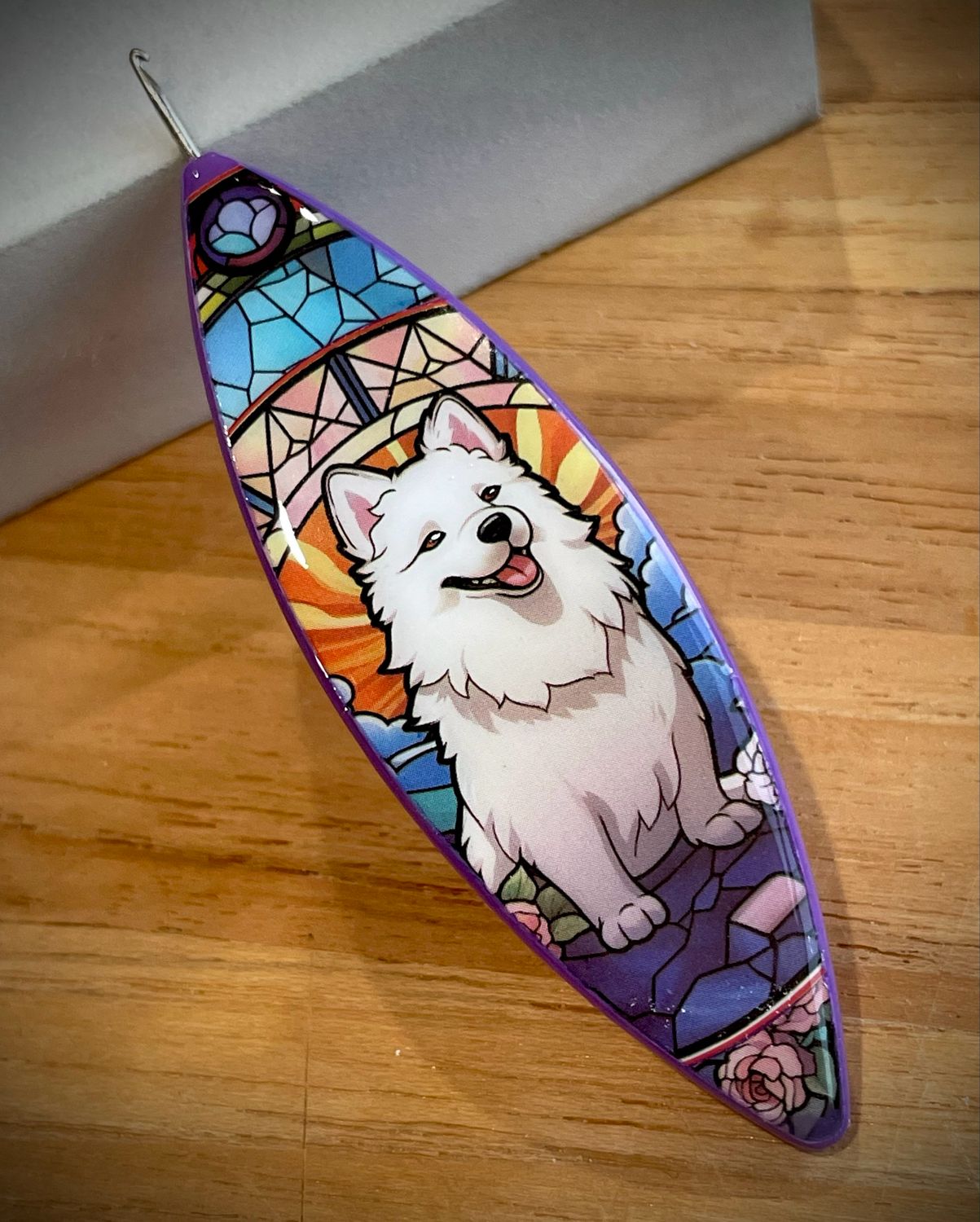 Moonlit shuttle decorated on one side, Stained glass style image, Samoyed Dog