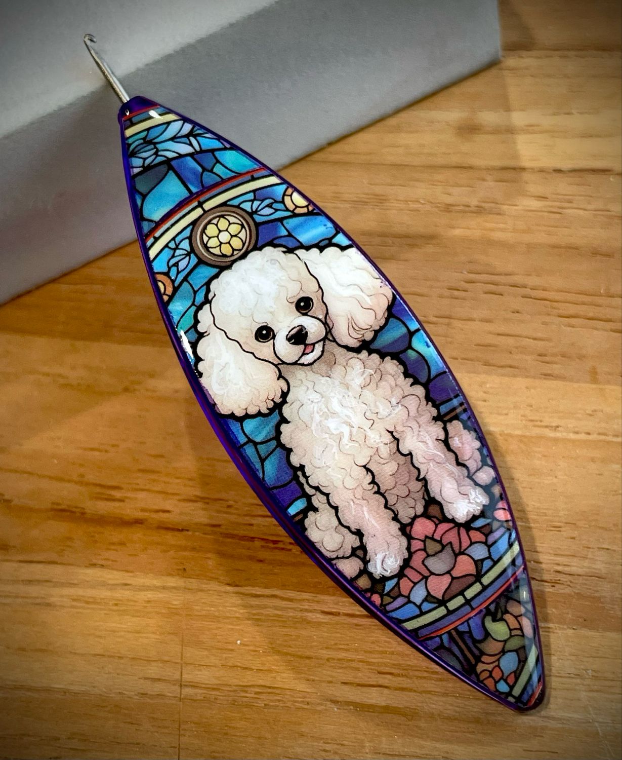 Moonlit shuttle decorated on one side, Stained glass style image, White Poodle