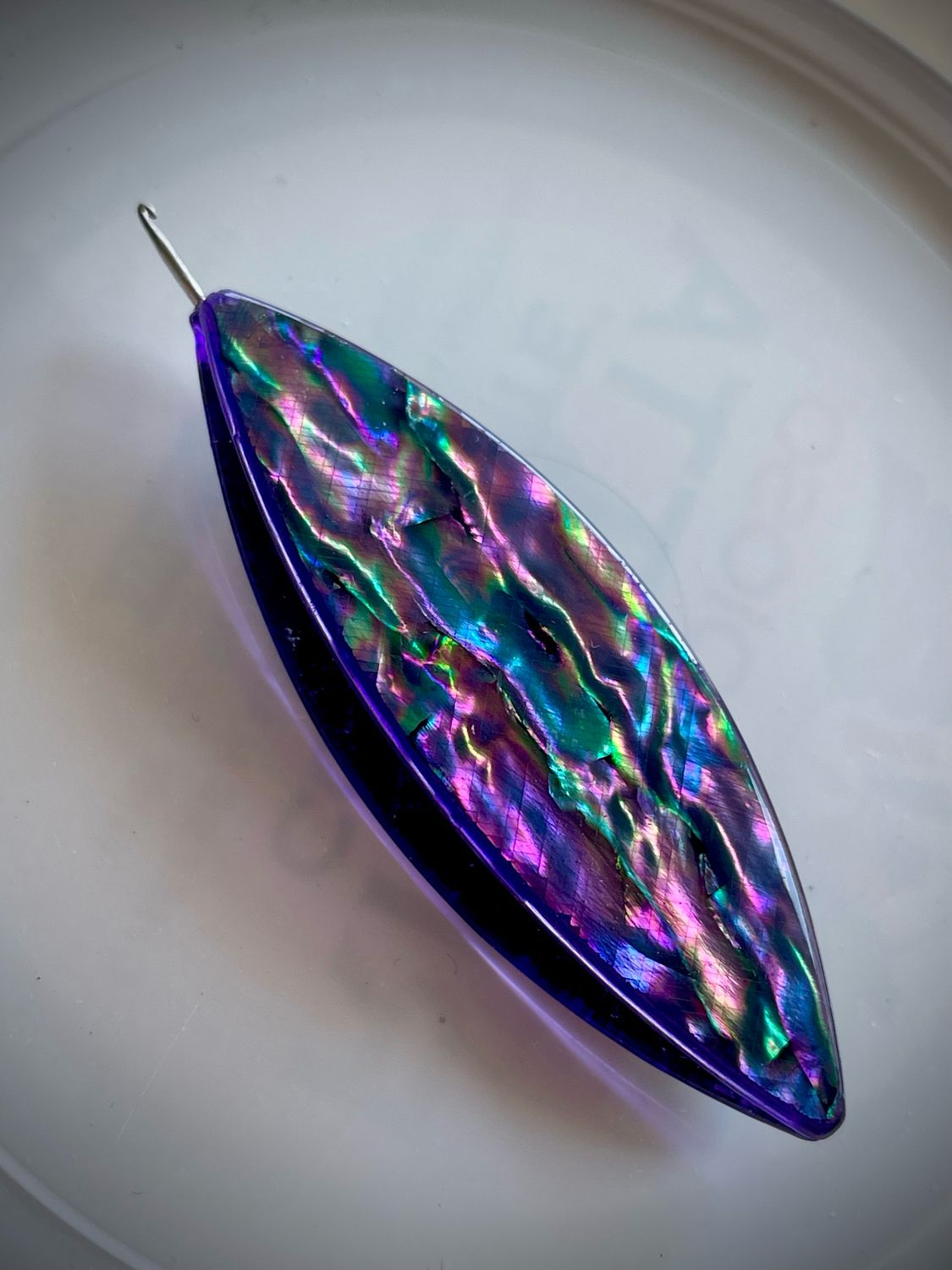 Moonlit Shuttle decorated on both sides, Natural shell veneer, Purple Peacock