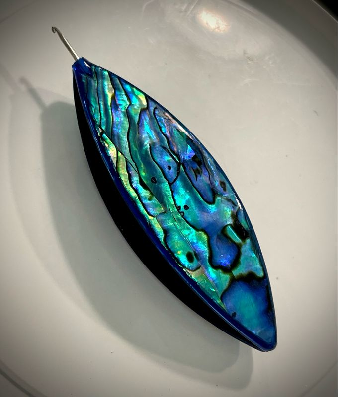 Moonlit Shuttle decorated on both sides, Natural Abalone veneer, Blue/Green