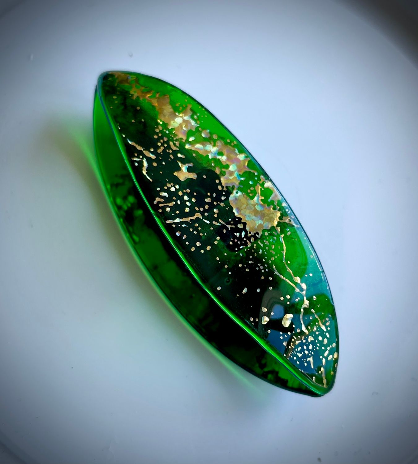 Handmade acrylic shuttle decorated on both sides,  Gilded Galaxy , Lush Green