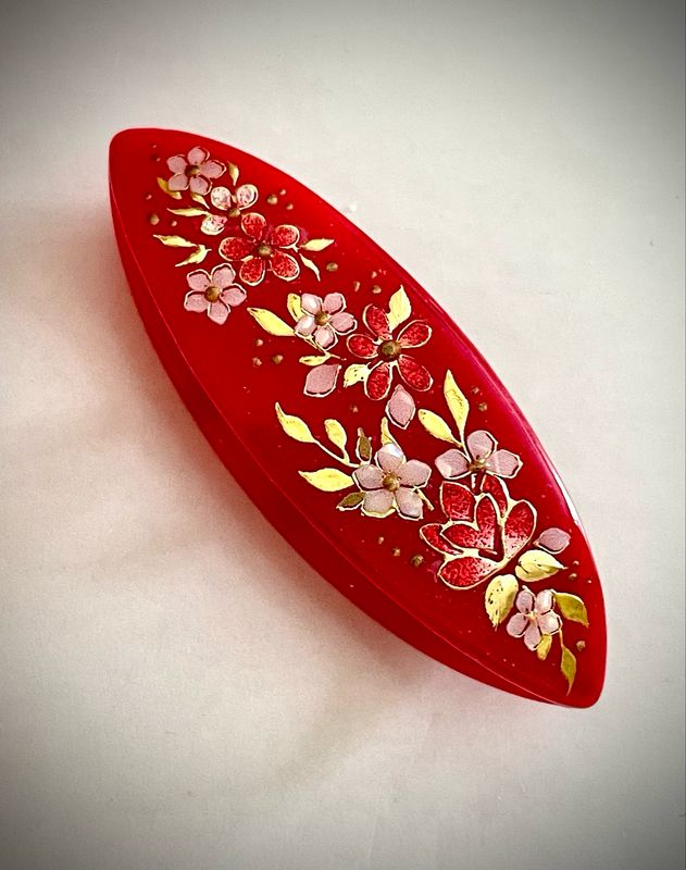 Handmade acrylic shuttle decorated on one side, Scarlet Devotion