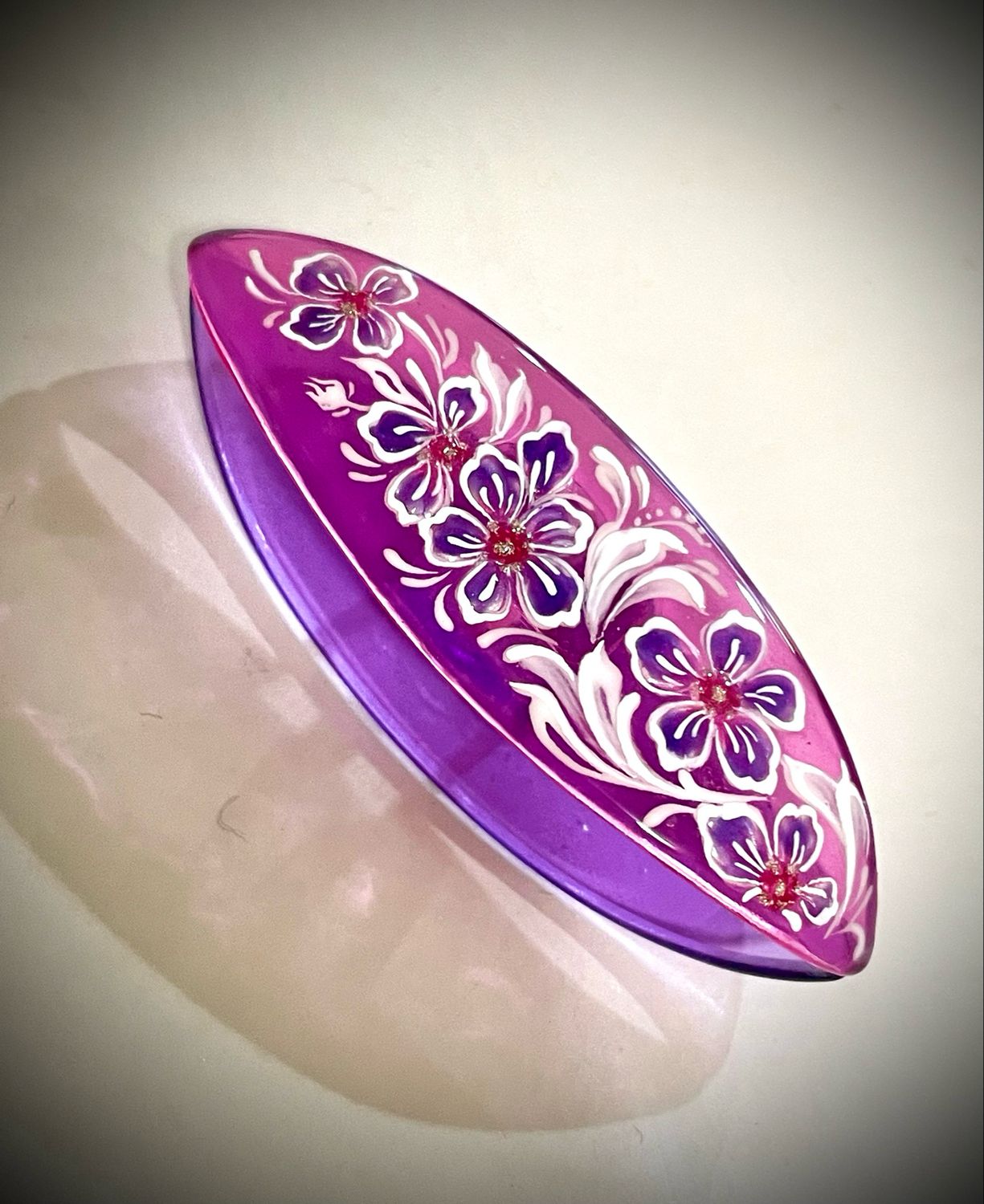Handmade acrylic shuttle decorated on one side, Magenta and Lavender Blossom