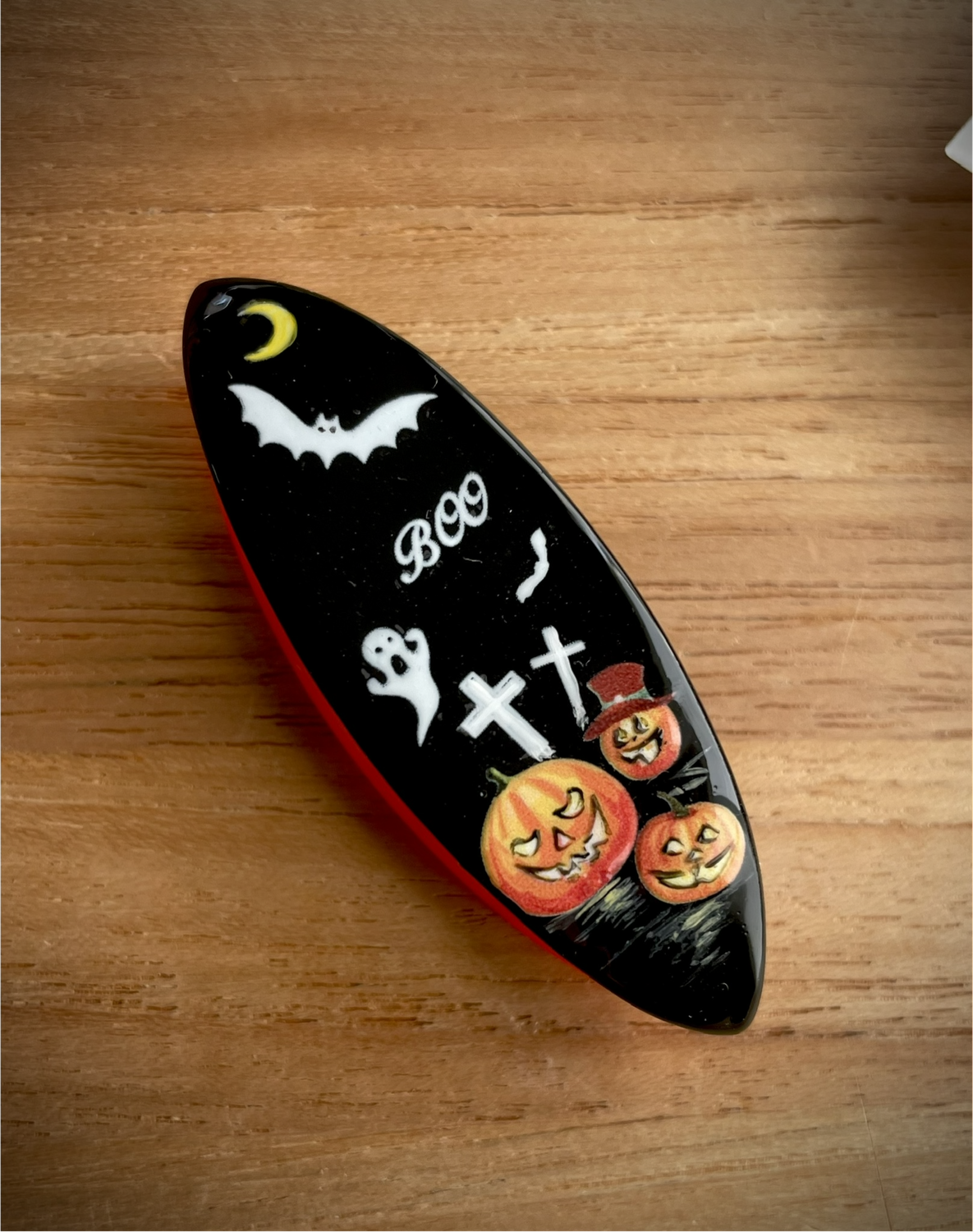 Handmade acrylic shuttle decorated on one side, Spooky Pumpkin Patch