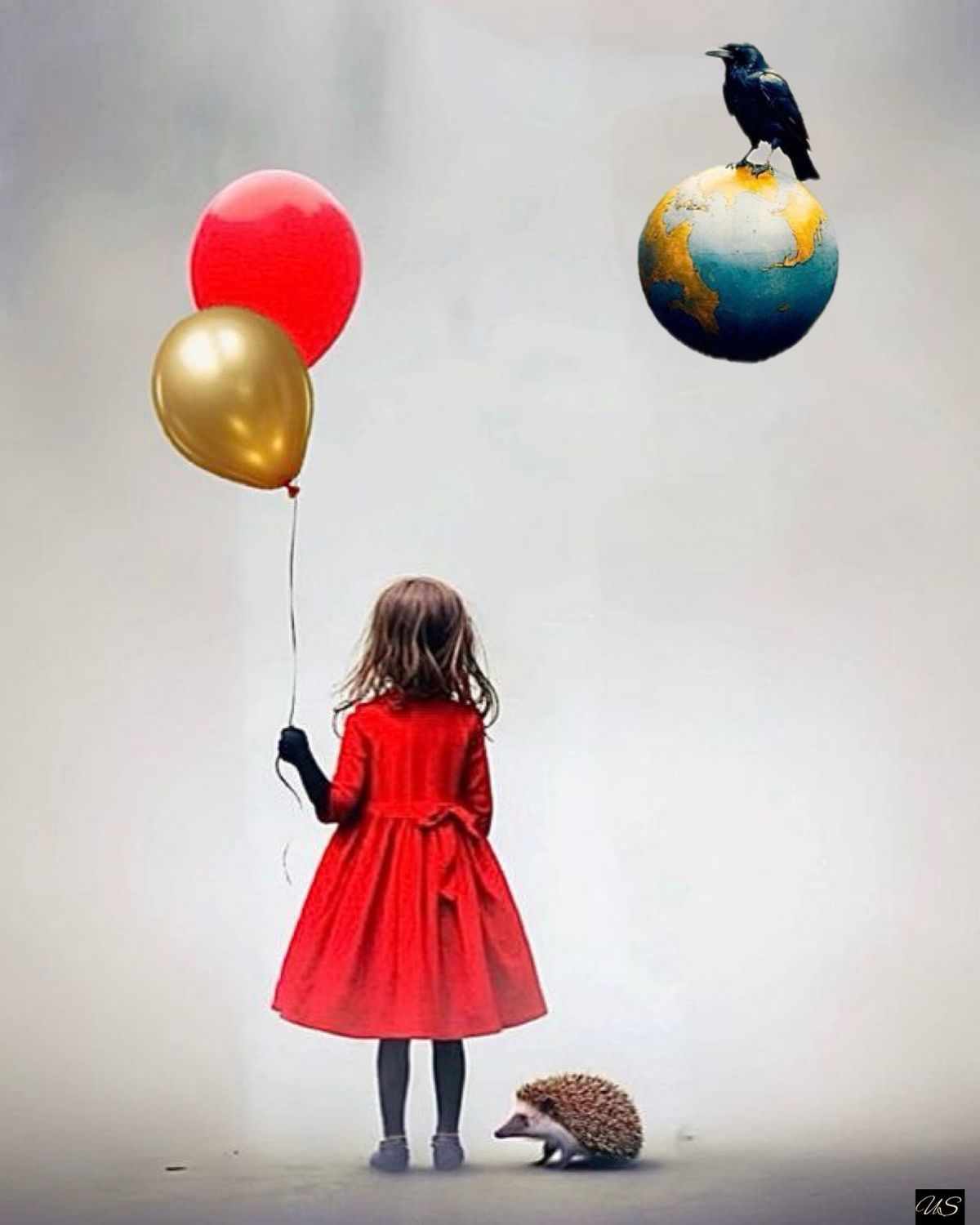 flicka med ballonger, ett svävande jordklot med korp