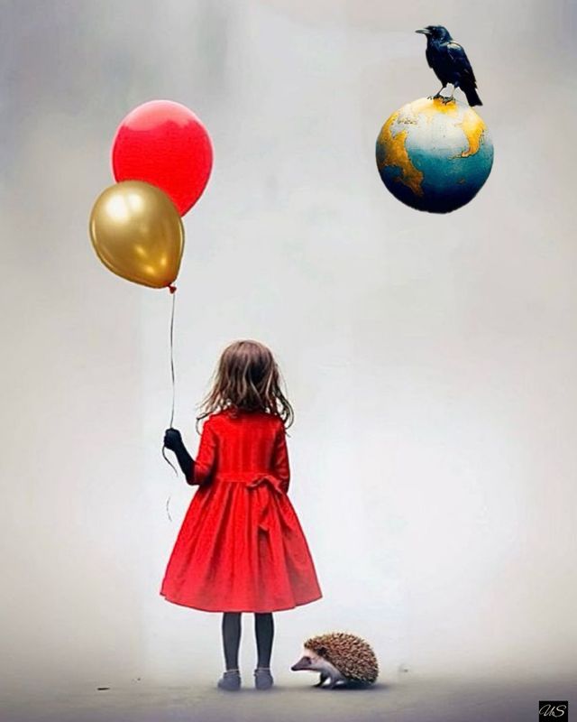 flicka med ballonger, ett svävande jordklot med korp
