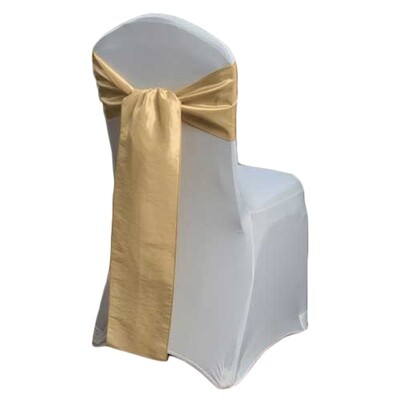 Gold Taffeta Chair Sash Rentals for weddings and events, Iowa-based supplier shipping nationwide