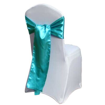 Turquoise Satin Chair Sash Rentals for weddings and events, Iowa-based supplier shipping nationwide