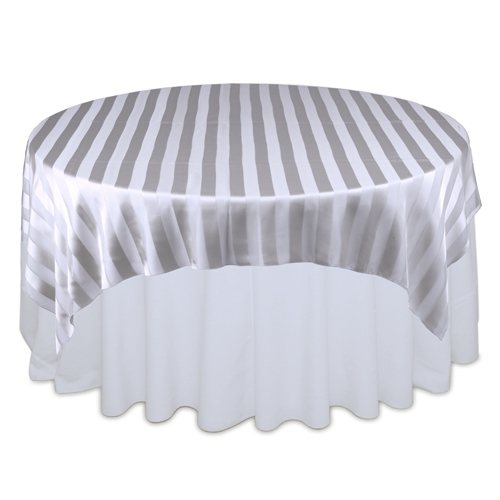 Silver Sheer Stripe Table Overlays Rental Silver Sheer Stripe Table Overlays Rental