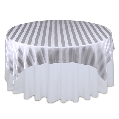 Silver Sheer Stripe Table Overlays Rental Silver Sheer Stripe Table Overlays Rental