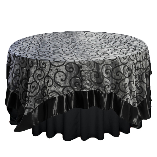 Black Flocked Swirl with Satin Trim Overlay Rental Black Flocked Swirl with Satin Trim Overlay Rental
