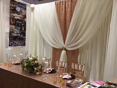 Ivory Sheer with Blush Rose Gold Taffeta Sequin Accent Wedding Backdrop - 12' - Setup and Tear Down Included