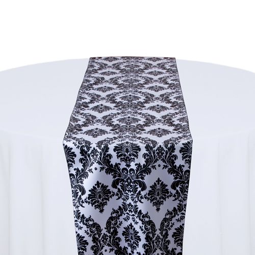 White &amp; Black Satin Damask Table Runner Rentals