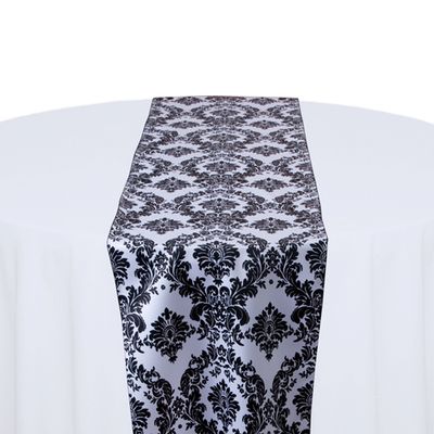 White &amp; Black Satin Damask Table Runner Rentals