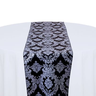 Black &amp; White Satin Damask Table Runner Rental
