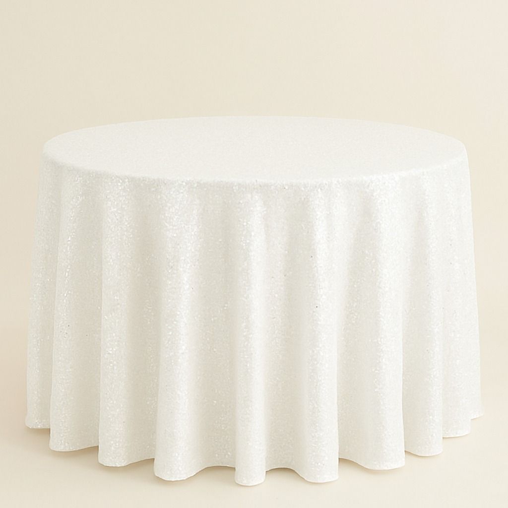White Sequin Taffeta Tablecloth Rentals