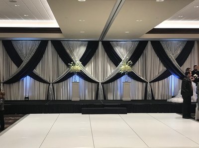 Navy Satin Accented with Silver Glitz on White Sateen Wedding Backdrop Navy Satin Accented with Silver Glitz on White Sateen Wedding Backdrop