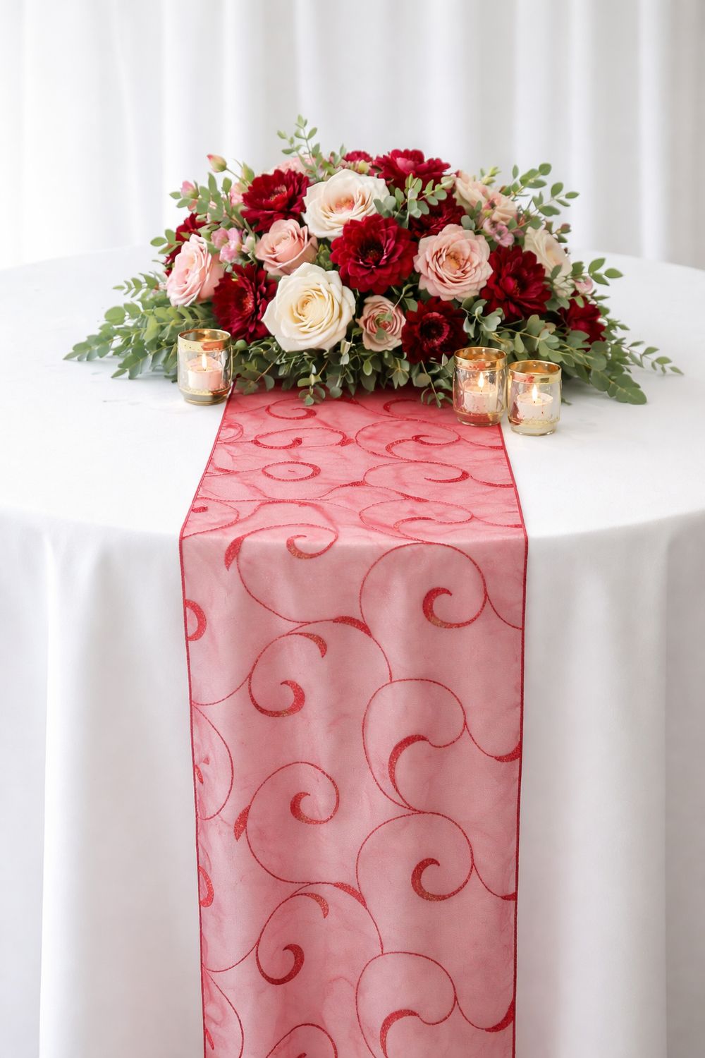 Red Organza Swirl Table Runner Rental