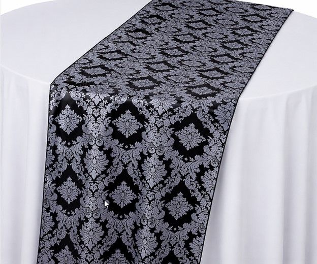 Black &amp; White Satin Damask Table Runner Rental